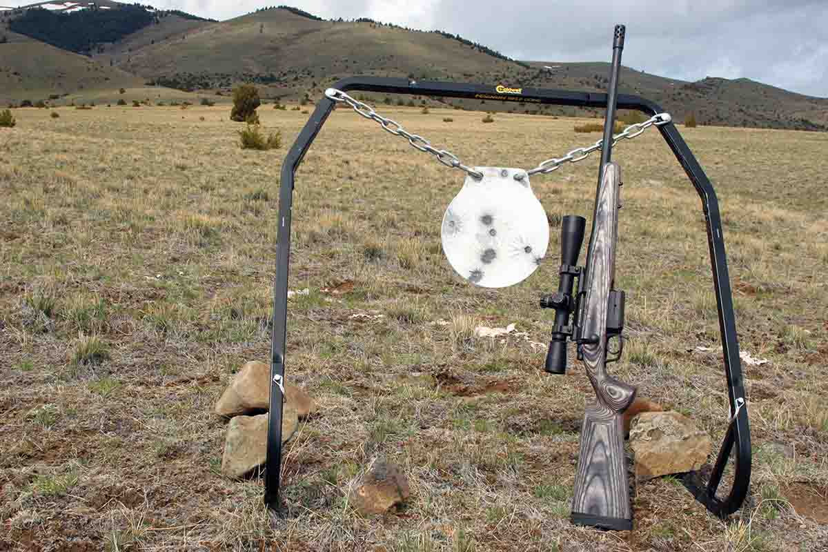 In the West, shooting is legal on a lot of public land. This gong is set up on  BLM land – and yes, the low ridge is a safe backstop. The photo was taken from a low angle to show the public mountains beyond, also legal for shooting to test higher-elevation trajectory.